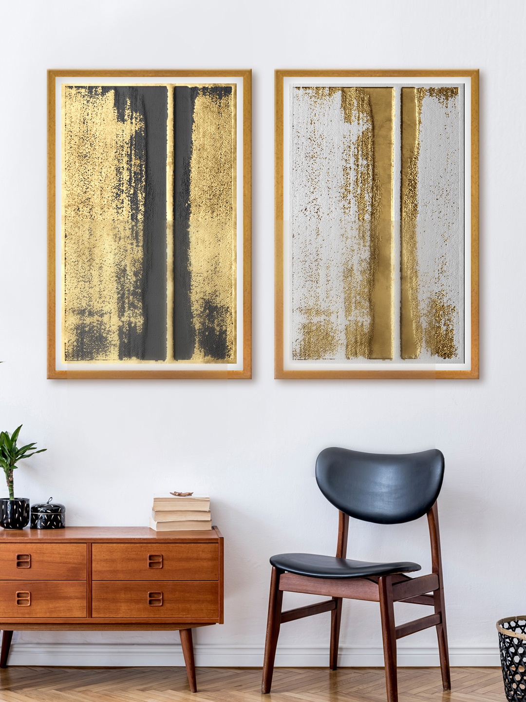 

999Store Set Of 2 Gold-Toned & White Abstract Canvas Wall Arts
