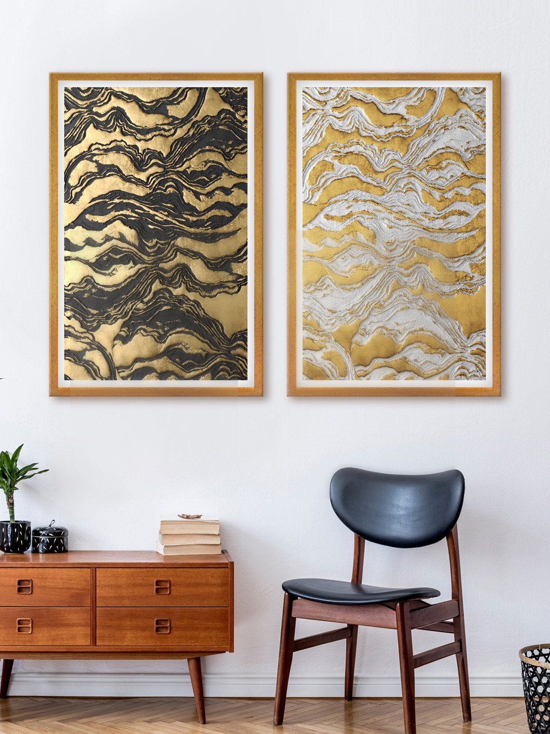 

999Store Set Of 2 Gold-Toned & Grey Abstract Canvas Wall Art