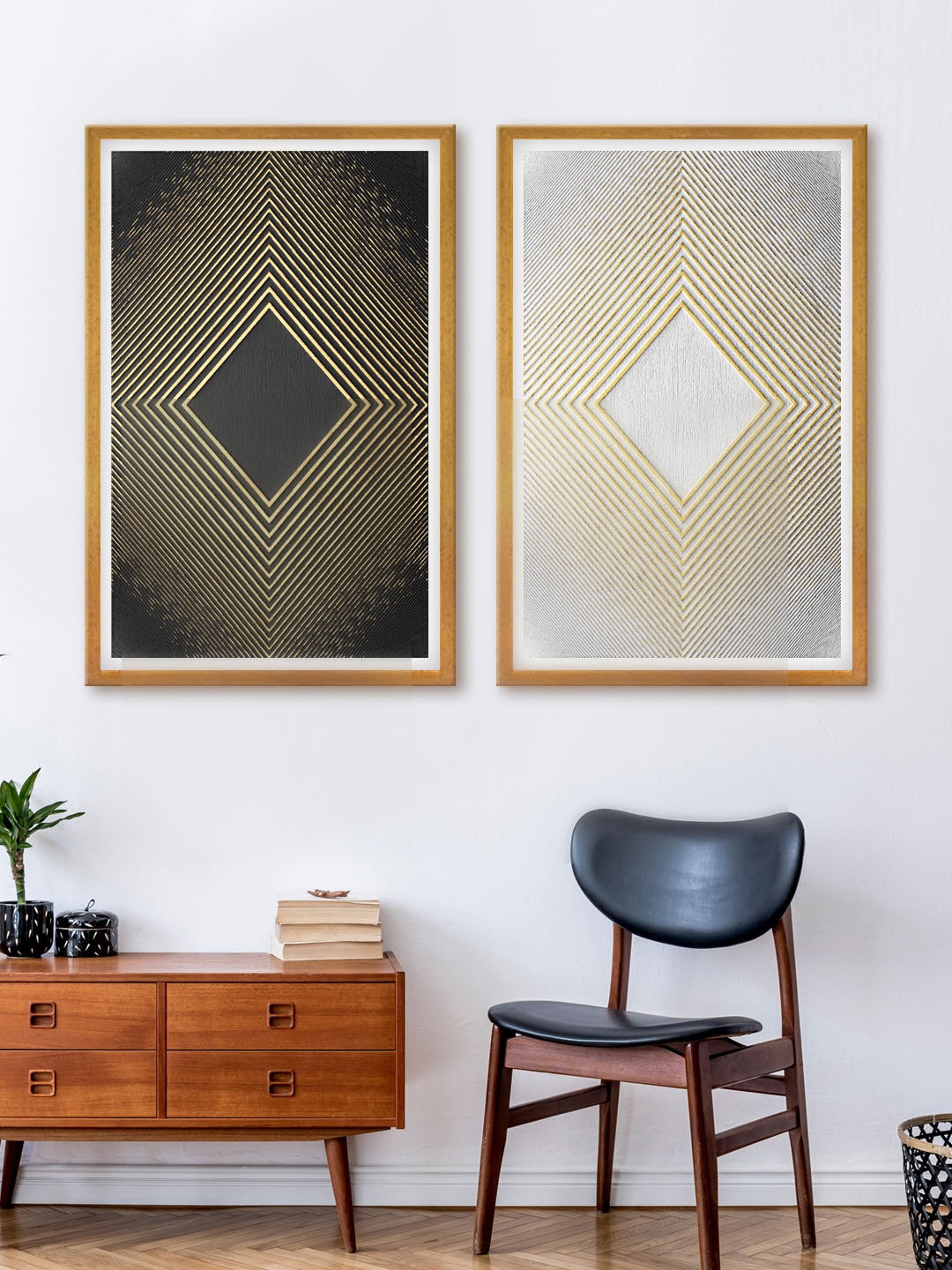 

999Store Set Of 2 Gold-Toned & Black Abstract Canvas Wall Art