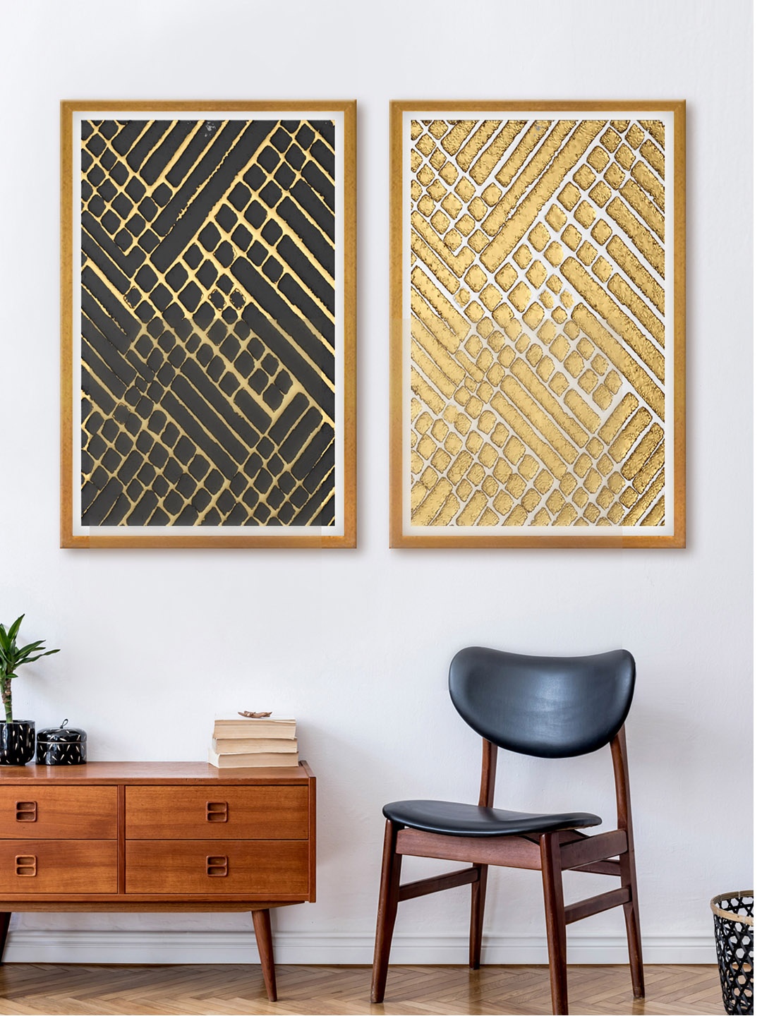 

999Store Set Of 2 Gold-Toned & Black Abstract Canvas Wall Art