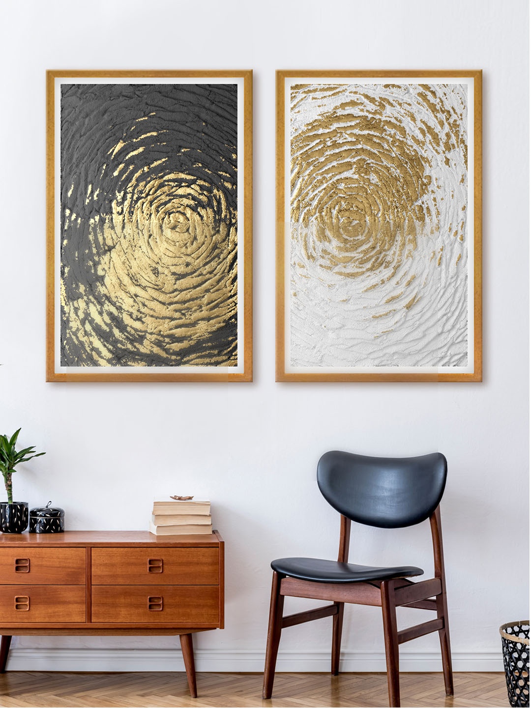 

999Store Set Of 2 Gold-Toned & Black Abstract Canvas Wall Art