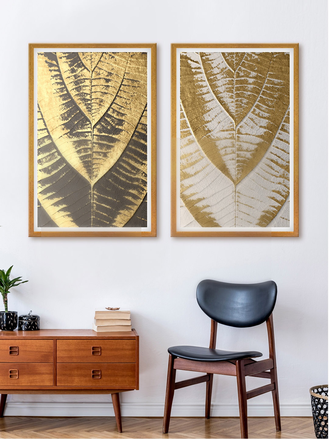

999Store Set Of 2 Gold-Toned & White Abstract Canvas Wall Art