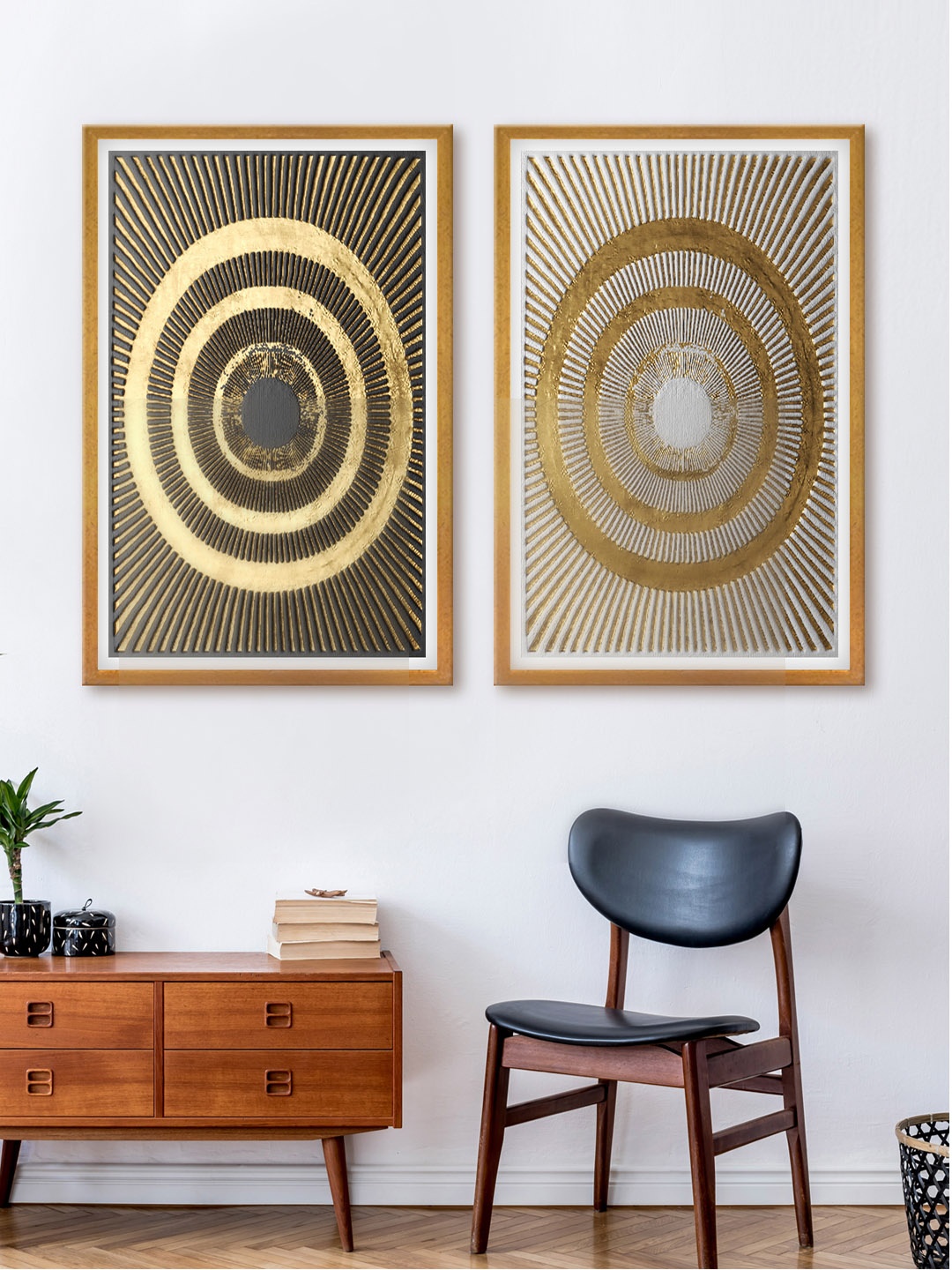 

999Store Set Of 2 Gold-Toned & Grey Abstract Canvas Wall Art