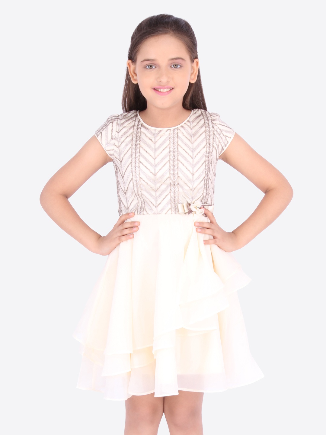 

CUTECUMBER Girls Cream-Coloured Embroidered Fit and Flare Dress