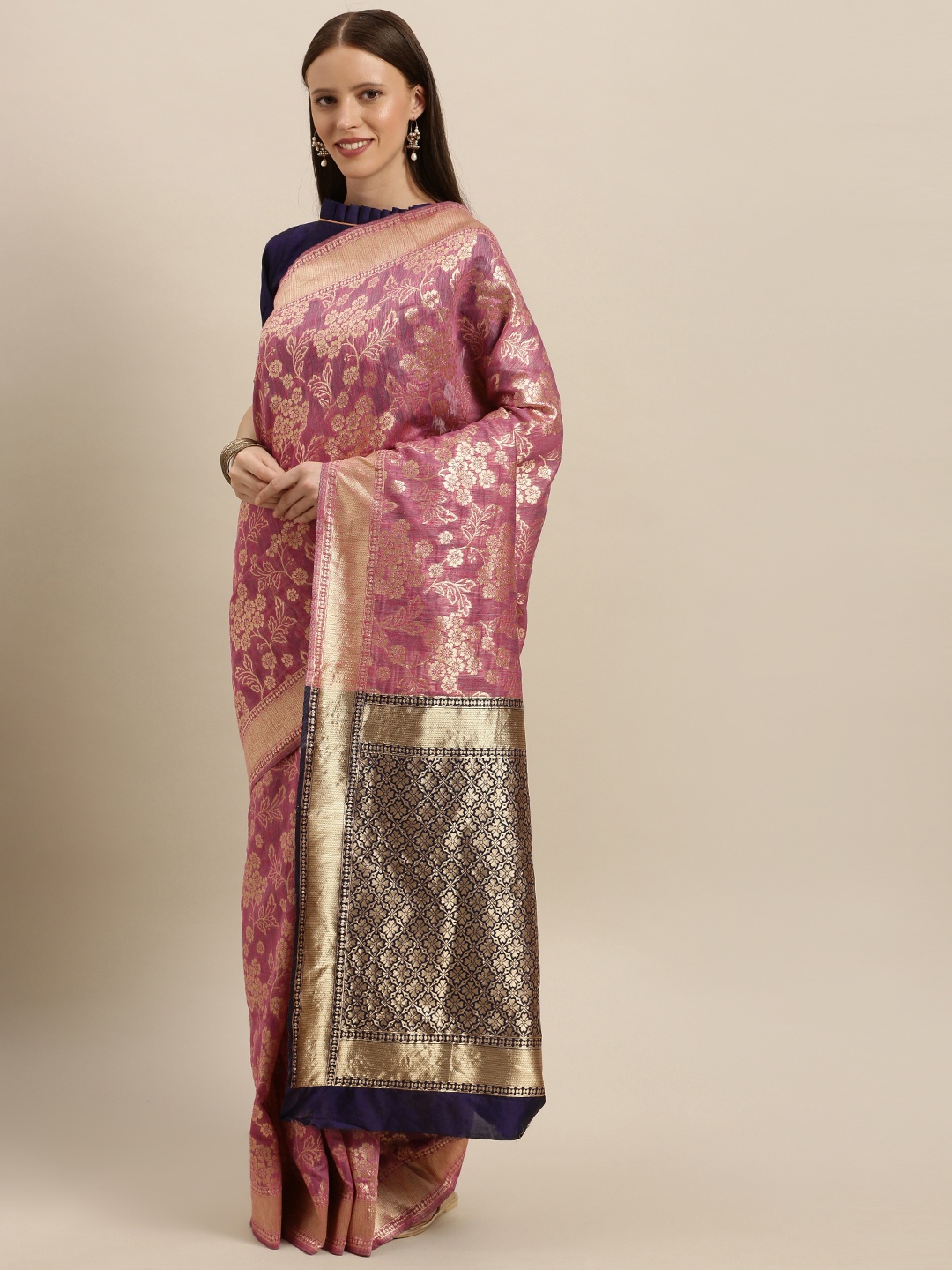 

SHAVYA Pink & Gold-Toned Pure Silk Woven Design Banarasi Saree