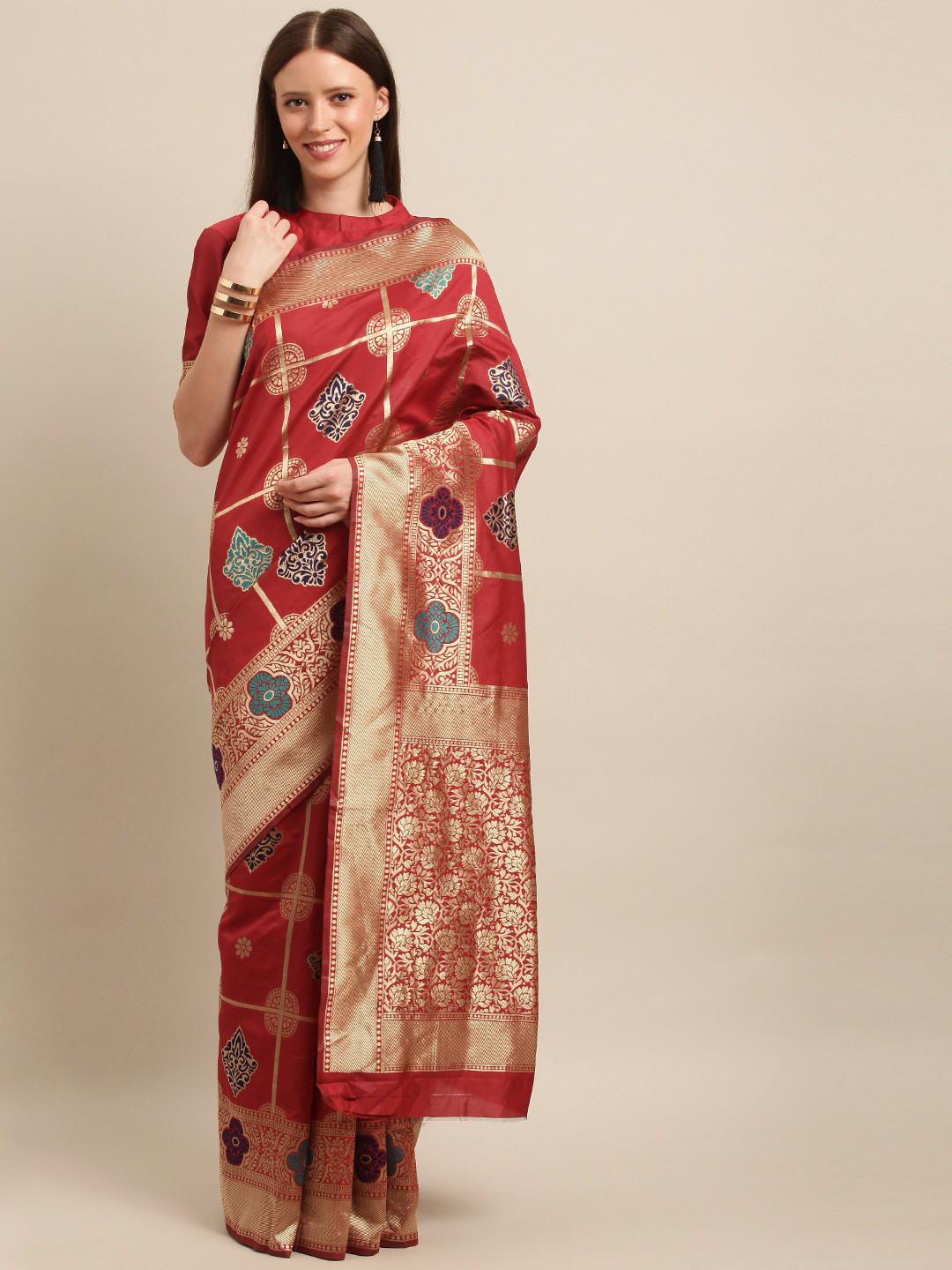

SHAVYA Red & Golden Pure Silk Woven Design Banarasi Saree