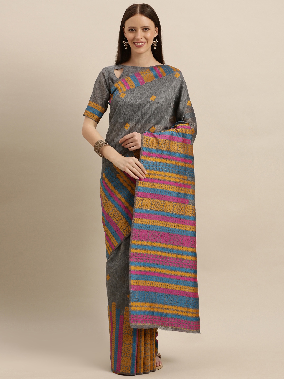 

SHAVYA Grey & Mustard Yellow Pure Silk Woven Design Banarasi Saree