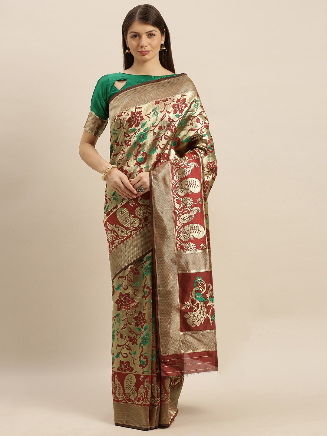 

SHAVYA Maroon & Gold-Toned Pure Silk Woven Design Banarasi Saree