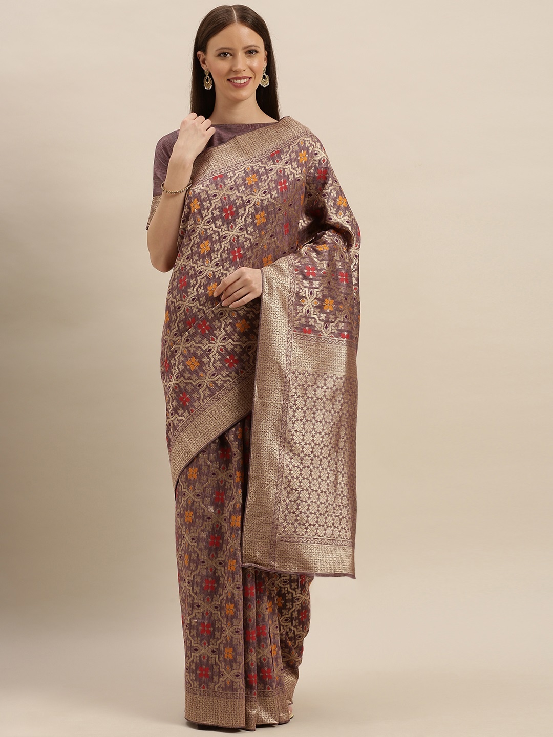 

SHAVYA Purple & Gold-Toned Pure Silk Woven Design Banarasi Saree