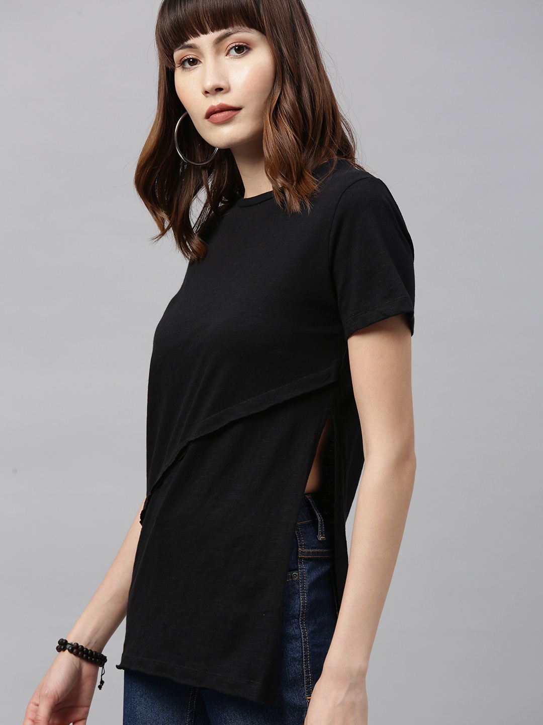 

Roadster Women Black Solid Longline Pure Cotton Top With High Slit