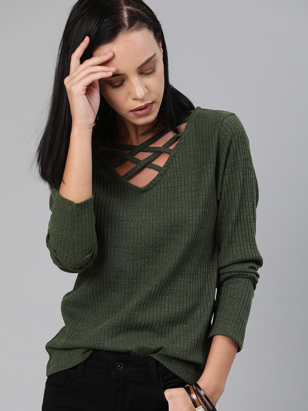 

Roadster Women Olive Green Solid Ribbed Top With Stylish Neck