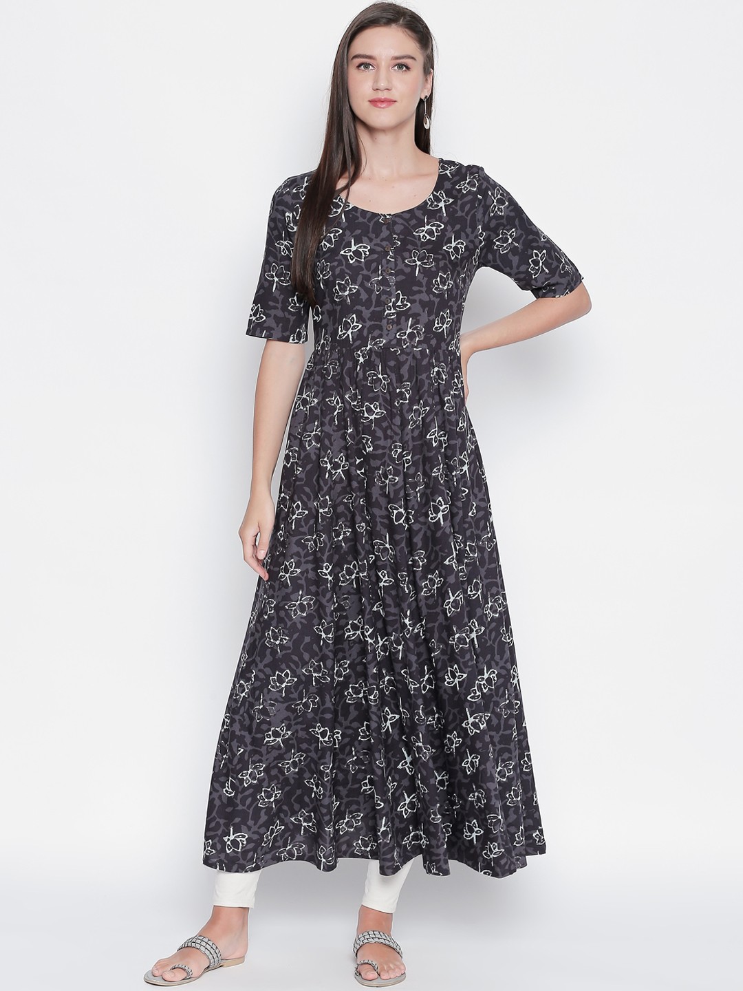 

RANGMANCH BY PANTALOONS Women Charcoal Grey & White Printed A-Line Kurta