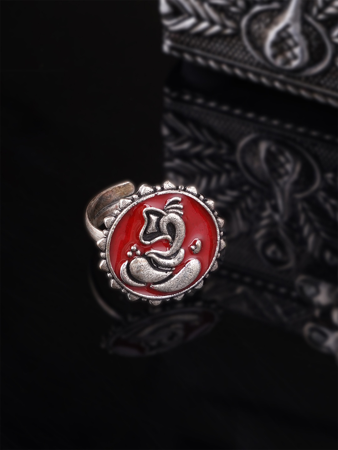 

Adwitiya Oxidised Silver-Plated & Red Enamelled Adjustable Finger Ring