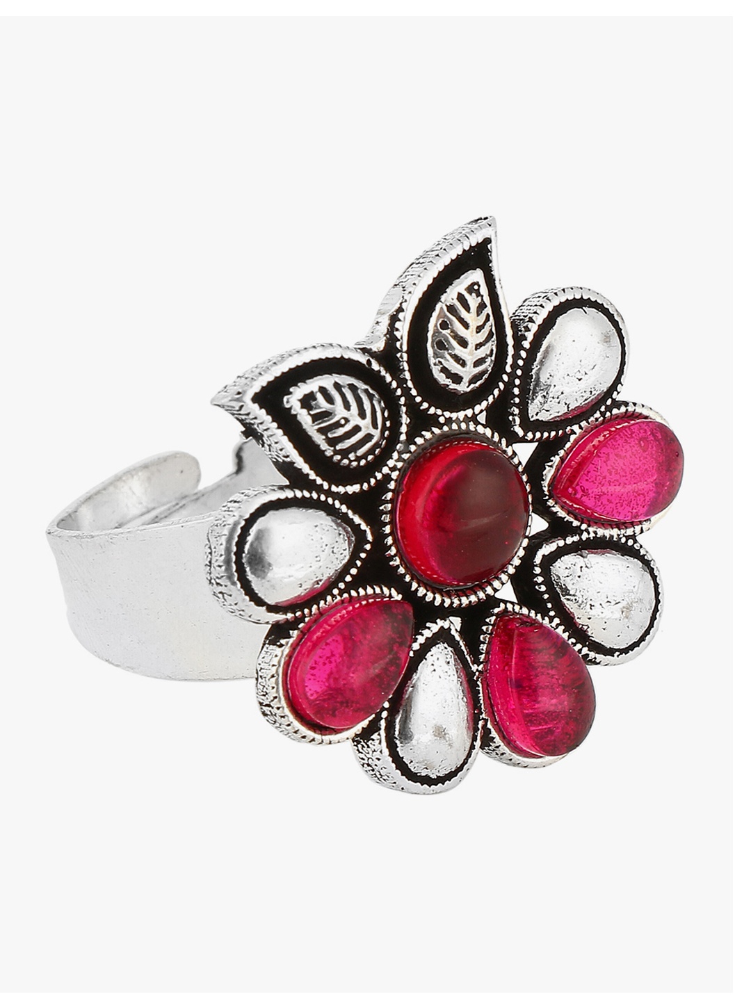 

Adwitiya Collection Oxidized Silver-Plated Stone-Studded Adjustable Finger Ring