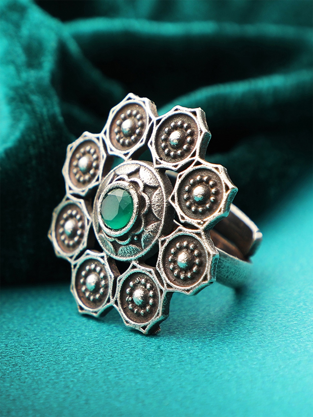 

Adwitiya Collection Silver-Plated & Green Oxidized Stone-Studded Adjustable Finger Ring