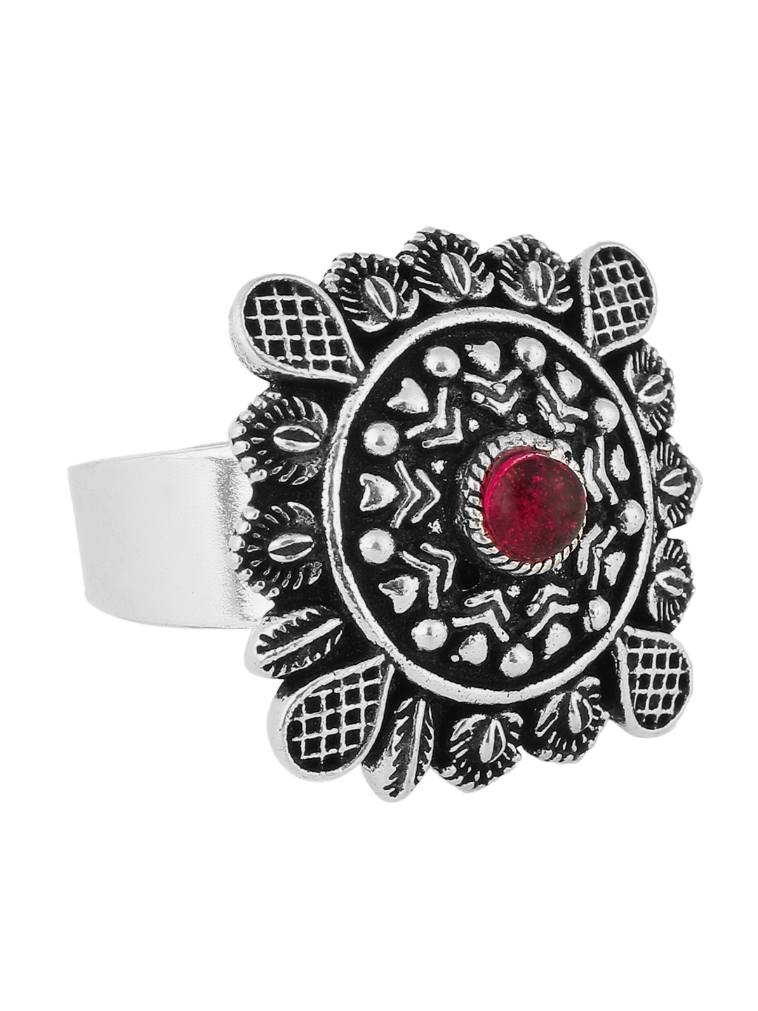 

Adwitiya Collection Oxidized Silver-Plated & Red Stone-Studded Adjustable Finger