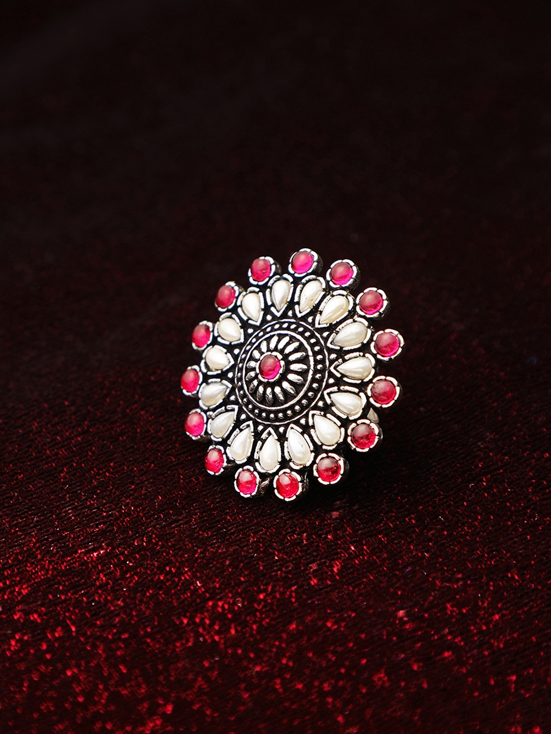 

Adwitiya Collection Silver-Plated & Pink Oxidized Stone-Studded Adjustable Finger