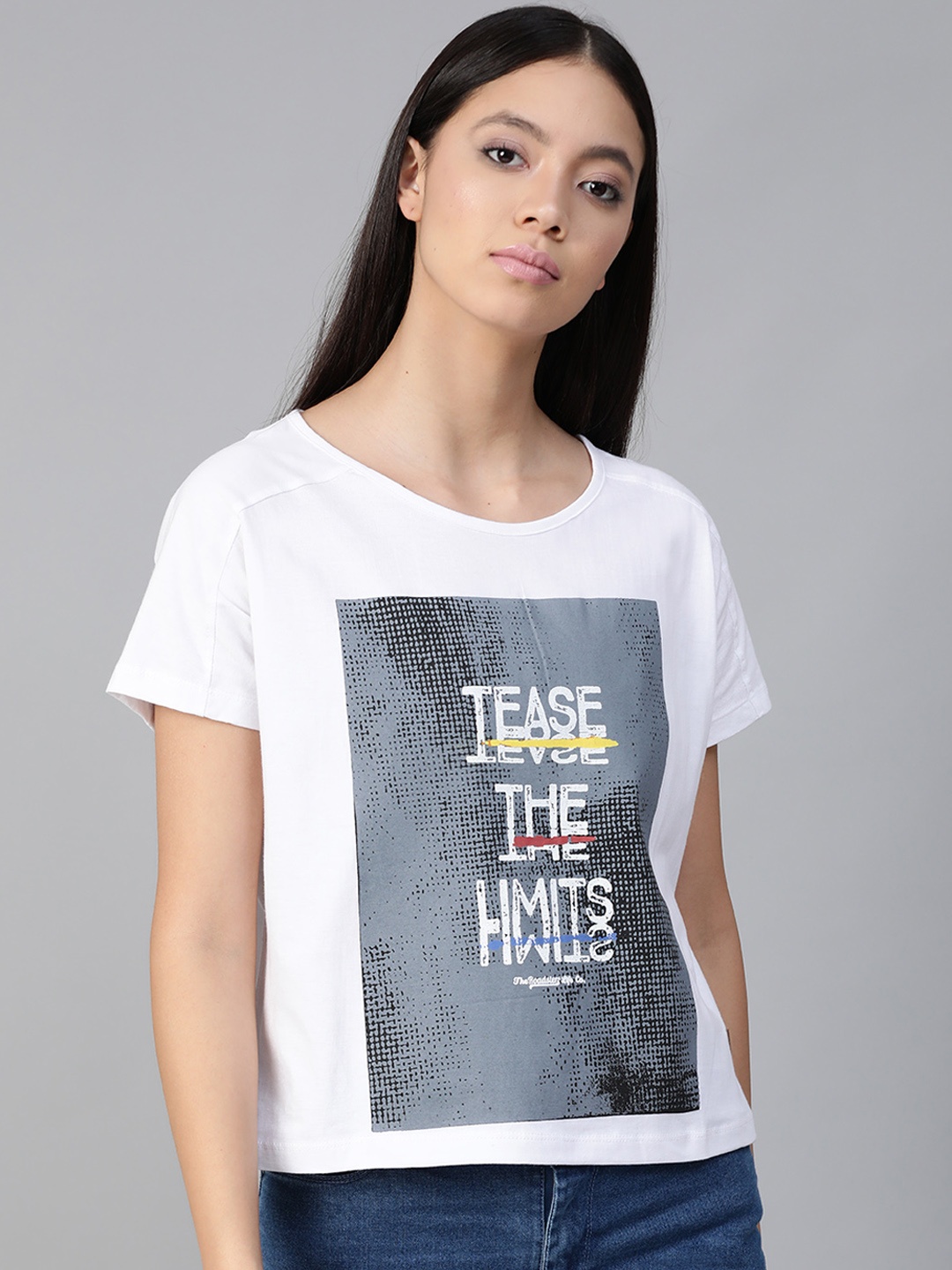 

Roadster Women White & Grey Printed Round Neck Boxy T-shirt