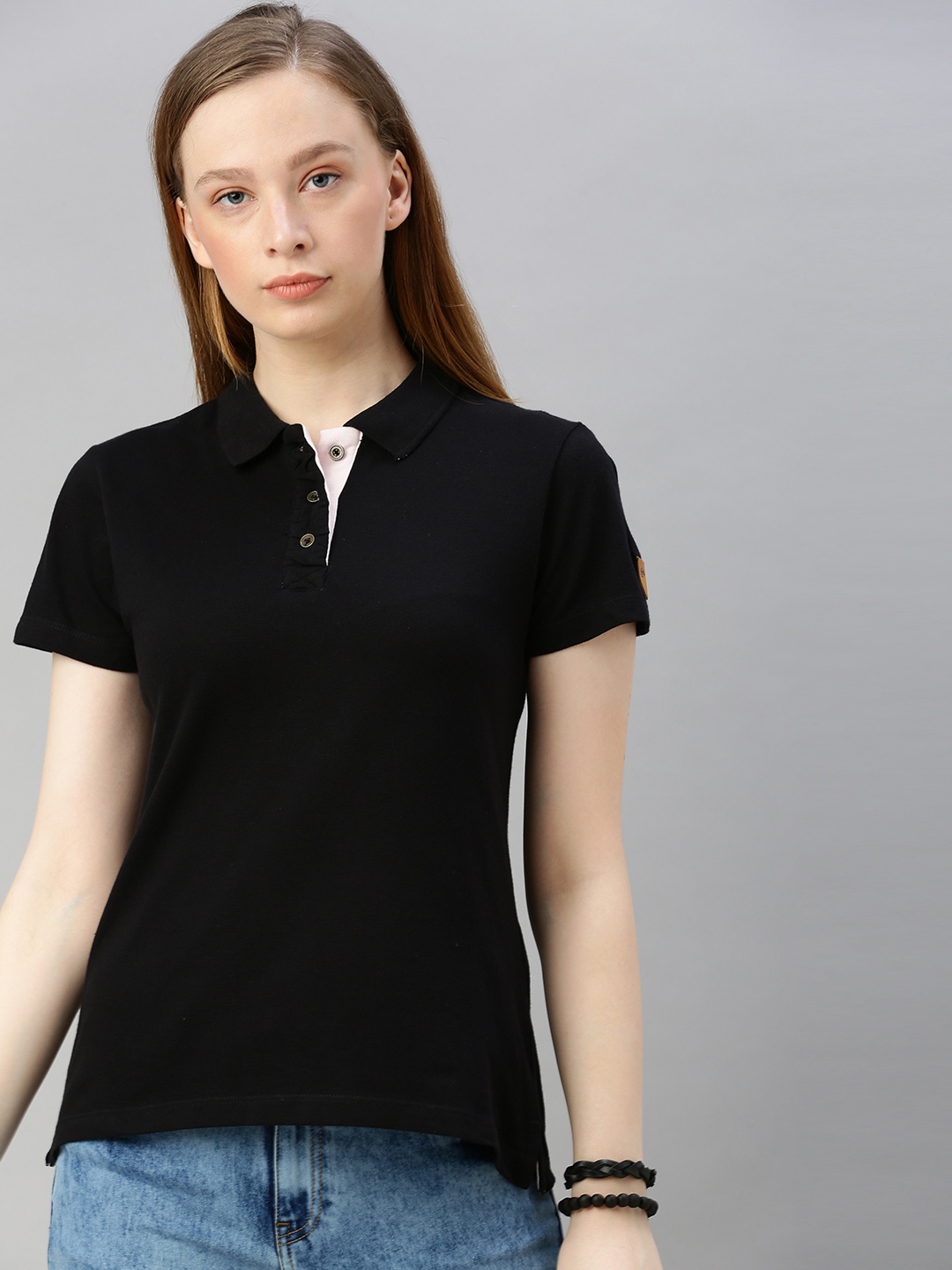 

Roadster Women Black Solid Polo Collar Pure Cotton T-shirt