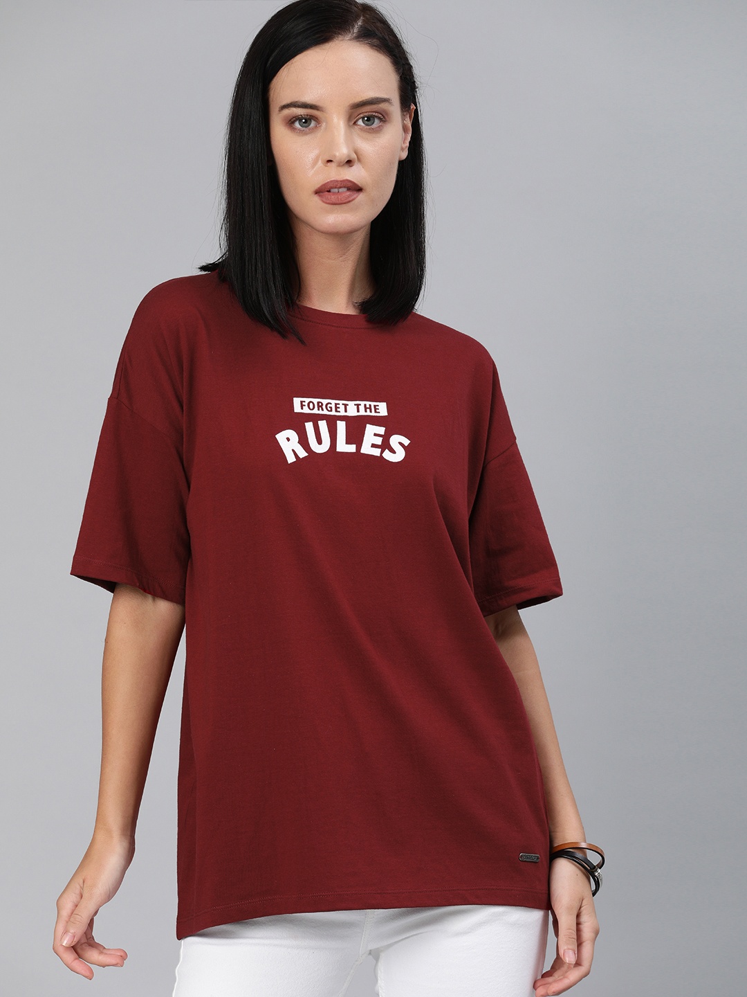 

Roadster Women Maroon Printed Round Neck Longline T-shirt