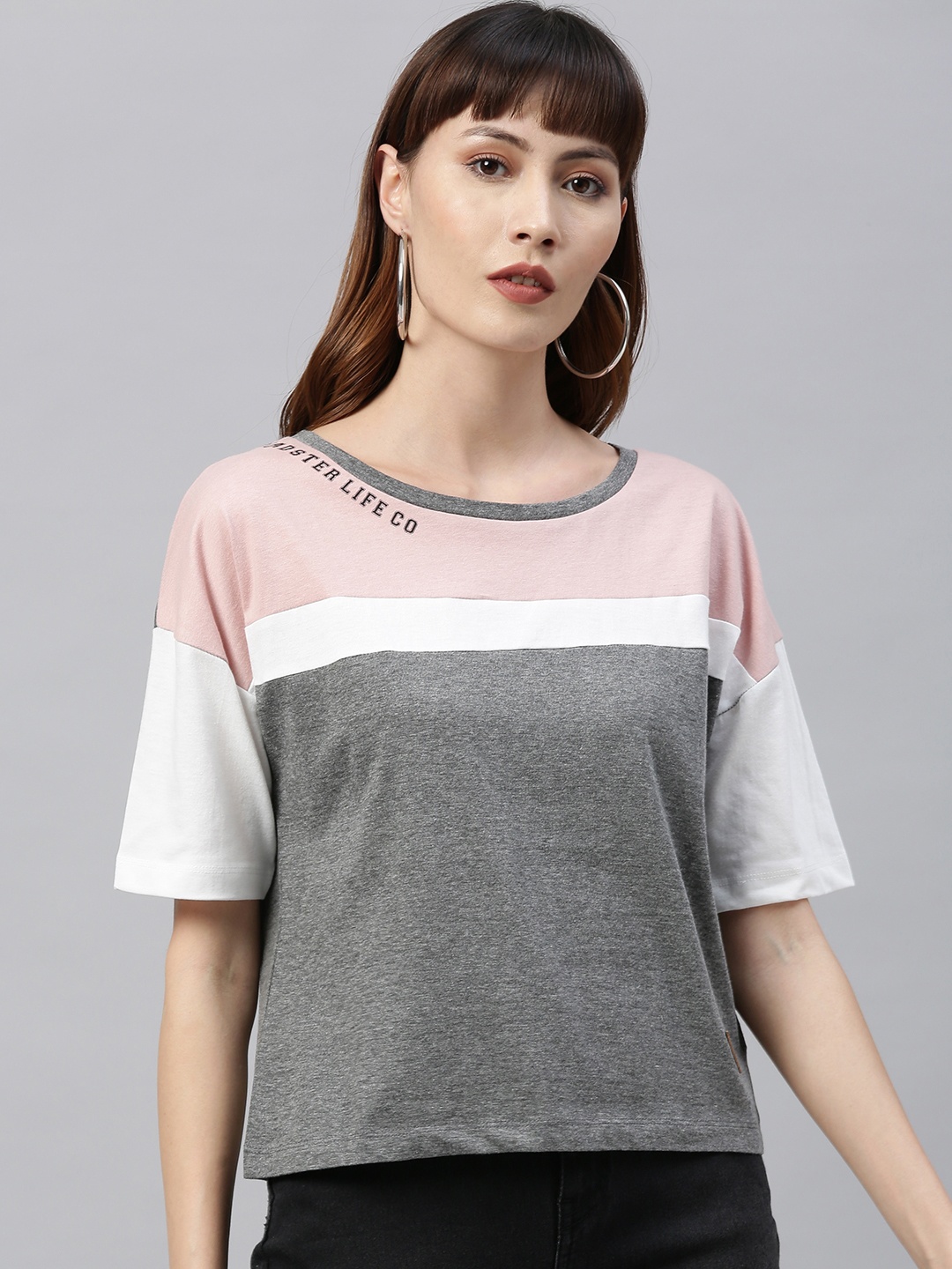 

Roadster Women Grey Melange & Pink Colourblocked Round Neck T-shirt
