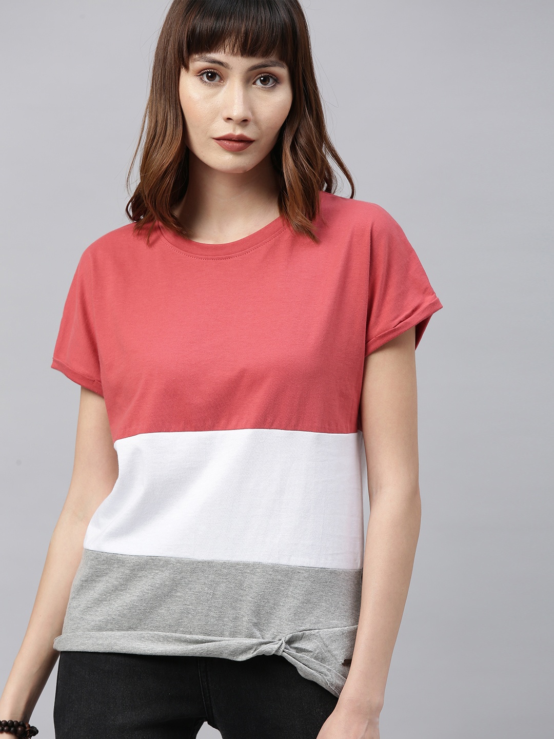 

Roadster Women Coral Colourblocked Round Neck Pure Cotton T-shirt
