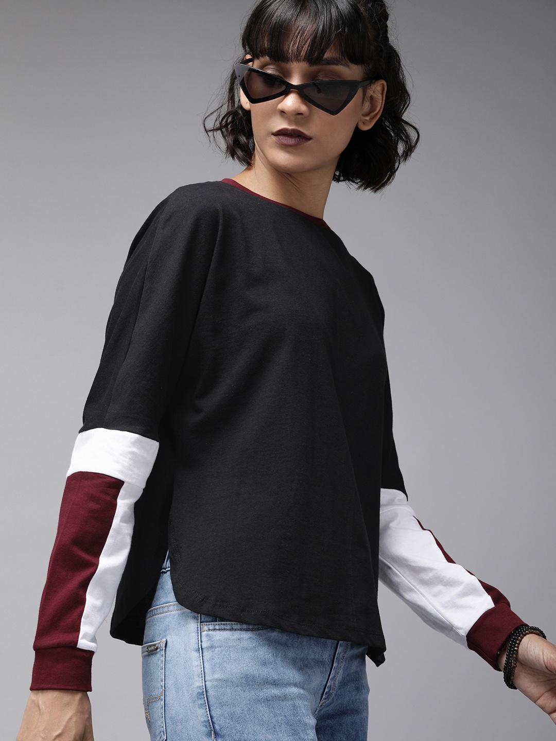 

Roadster Women Black Colourblocked Round Neck Relaxed Fit T-shirt