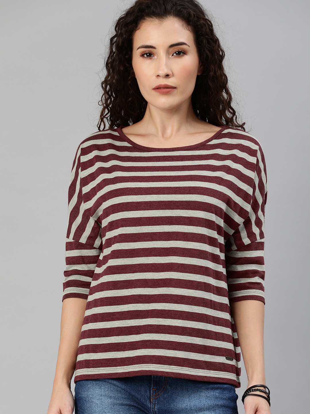 

Roadster Women Maroon & Grey Striped Round Neck T-shirt