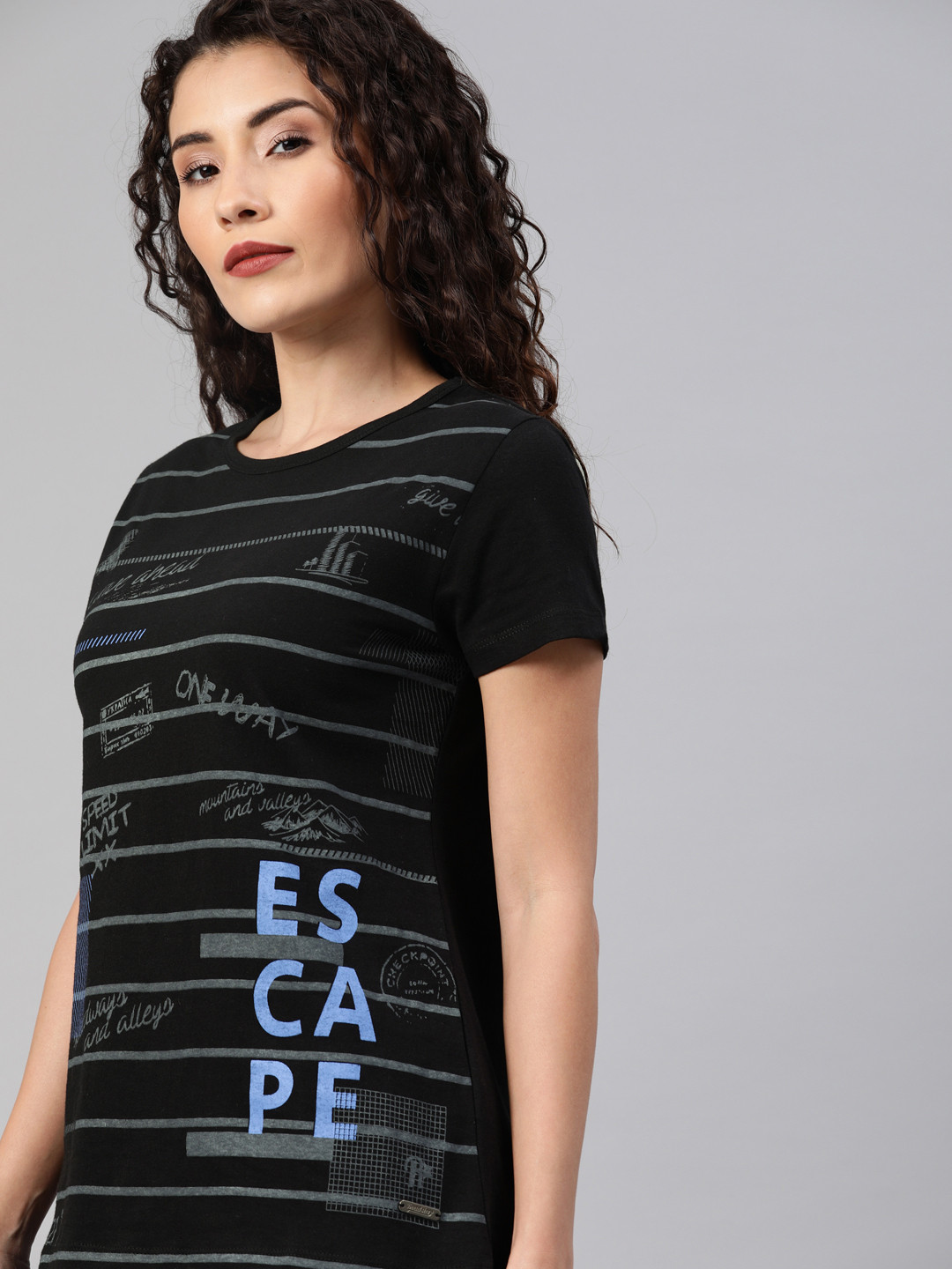 

Roadster Women Black & Grey Striped Round Neck T-shirt With Printed Detail