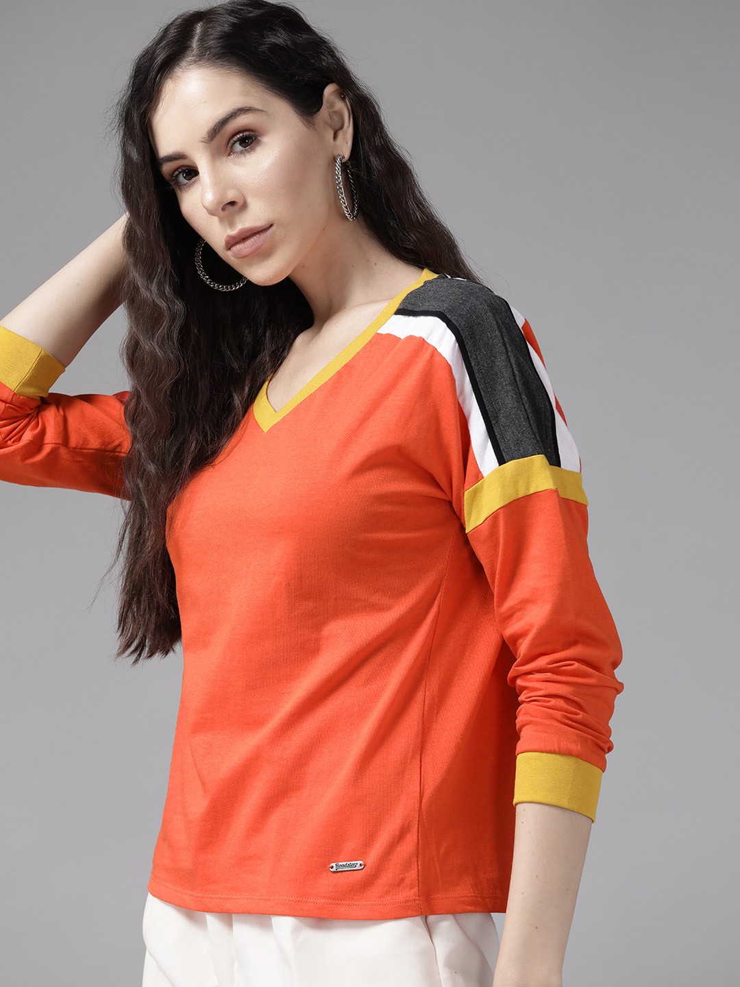 

Roadster Women Orange & Grey V-Neck Drop-Shoulder Sleeves Pure Cotton T-shirt