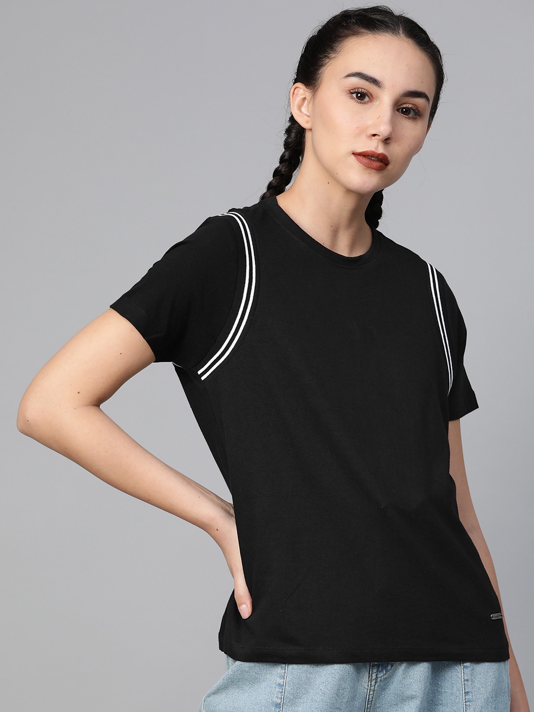 

Roadster Women Black Solid Round Neck T-shirt