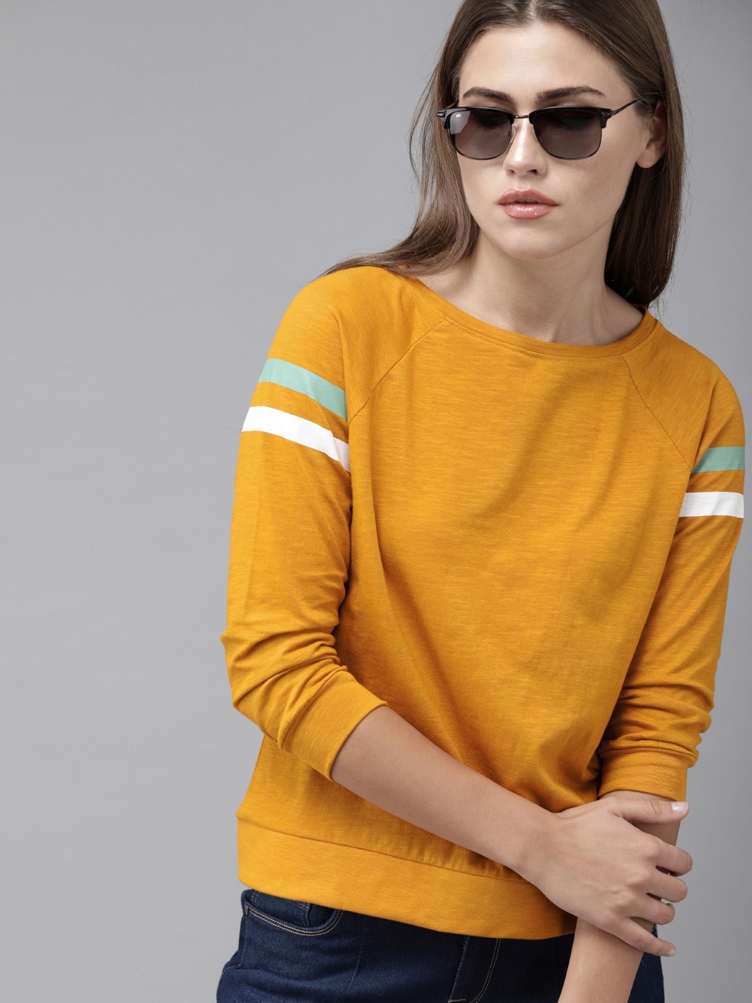 

Roadster Women Mustard Striped Round Neck T-shirt