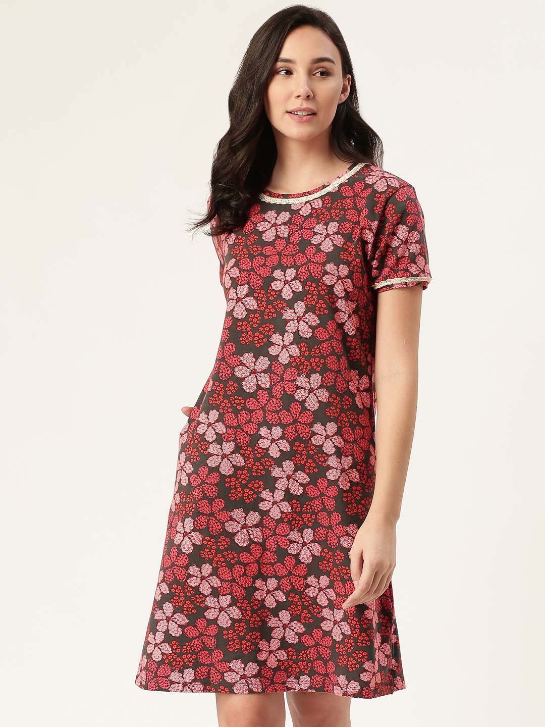 

Sweet Dreams Maroon & Pink Floral Print Nightdress