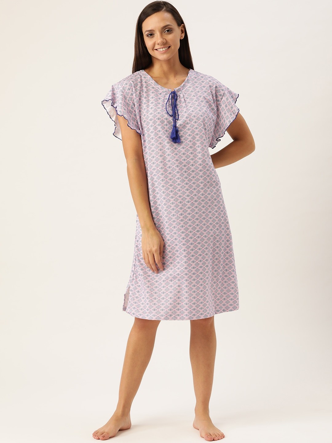 

Sweet Dreams Pink & Navy Blue Printed Nightdress