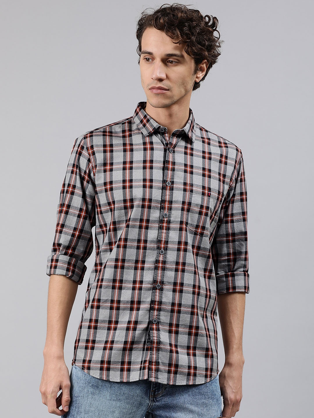 

Louis Philippe Jeans Men Grey & Rust Brown Super Slim Fit Checked Casual Shirt