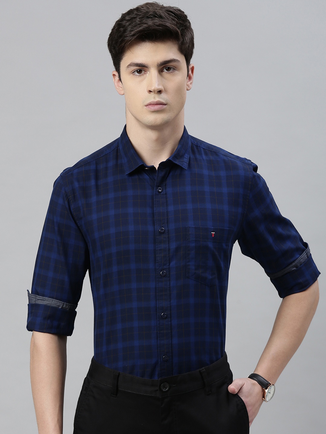 

Louis Philippe Jeans Men Blue & Khaki Super Slim Fit Checked Casual Shirt