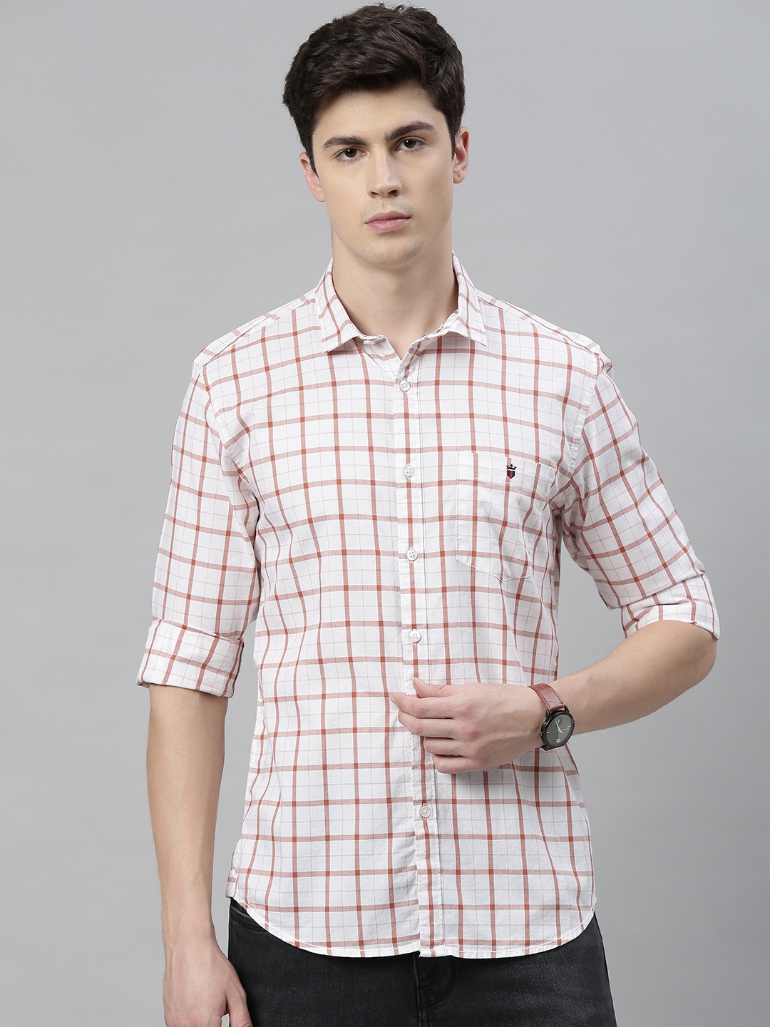 

Louis Philippe Jeans Men White & Brown Super Slim Fit Checked Casual Shirt
