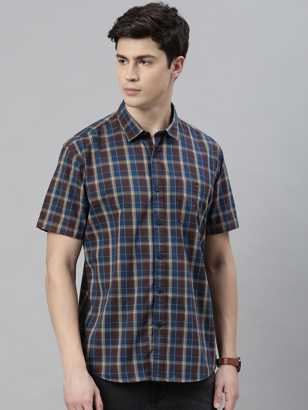 

Louis Philippe Jeans Men Navy Blue & Brown Slim Fit Checked Casual Shirt