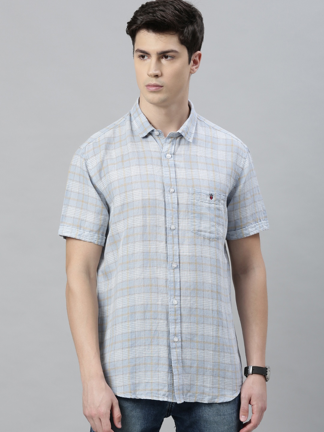 

Louis Philippe Jeans Men Blue & White Slim Fit Checked Linen Casual Shirt