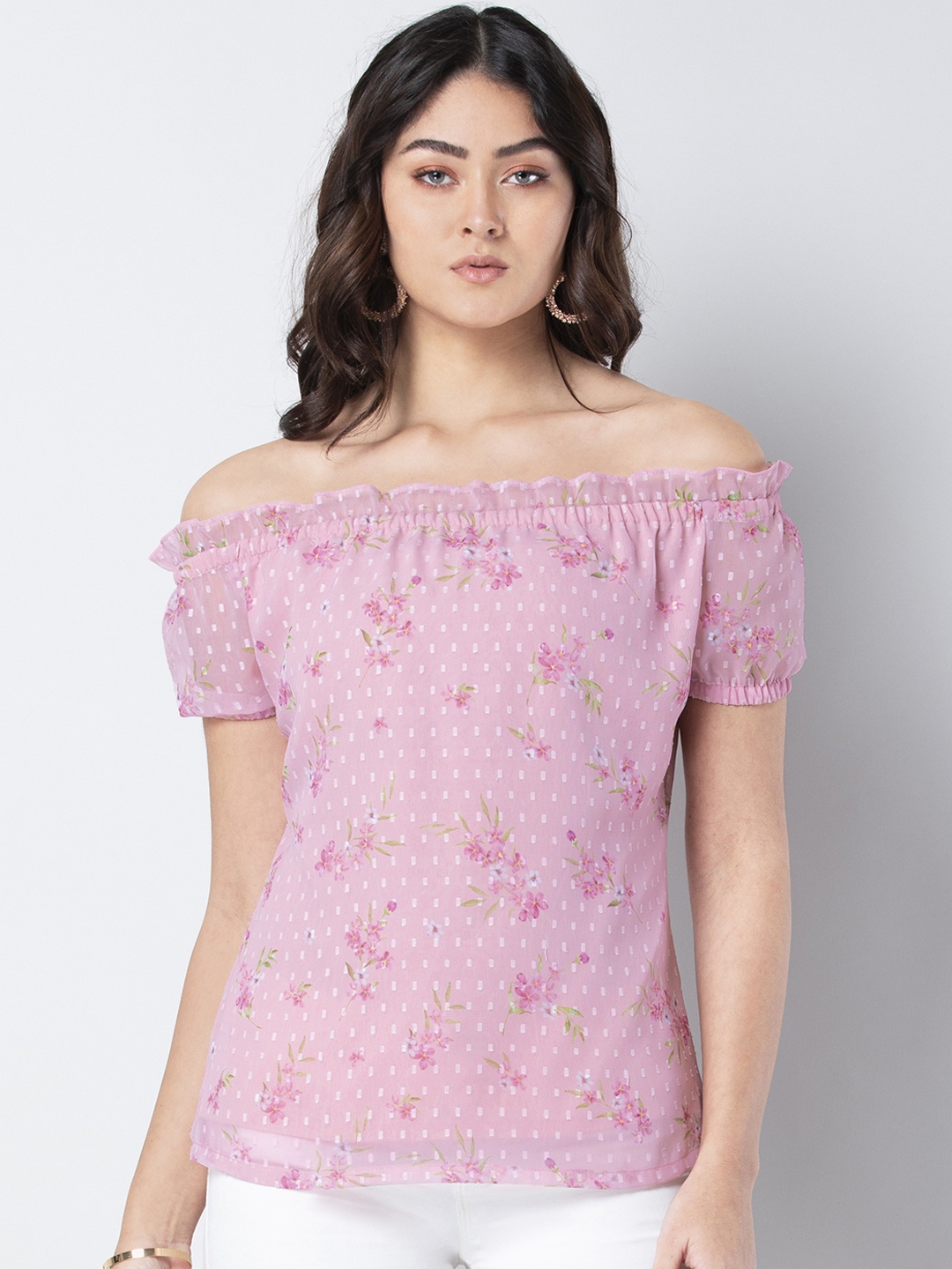 

FabAlley Women Pink Floral Printed Bardot Top