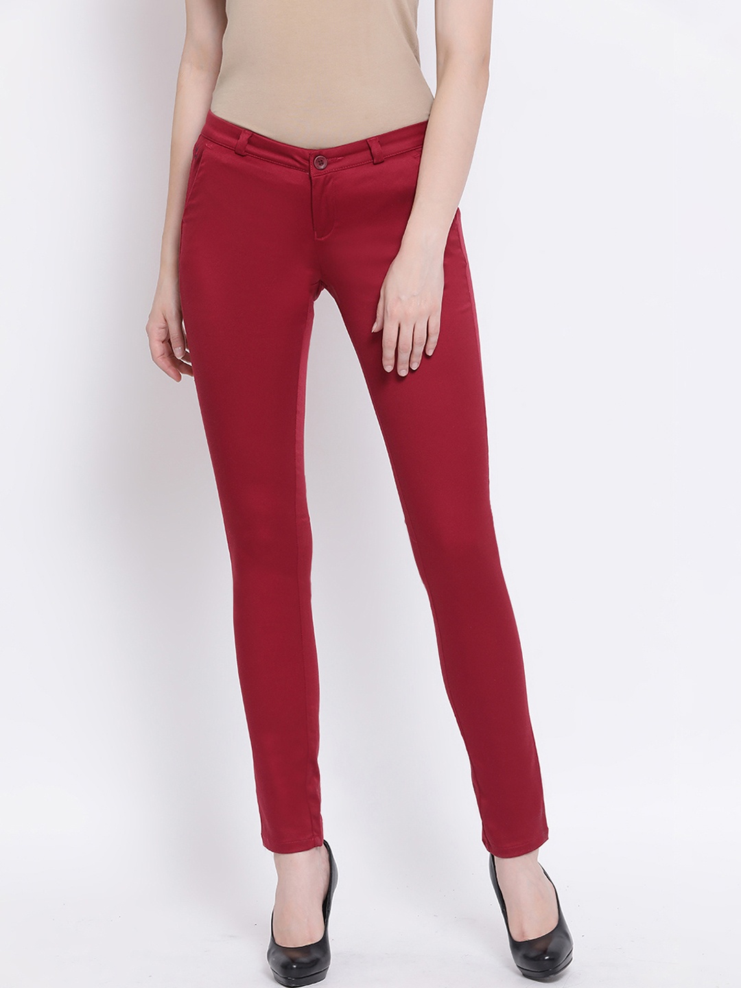 

Crimsoune Club Women Red Slim Fit Solid Regular Trousers