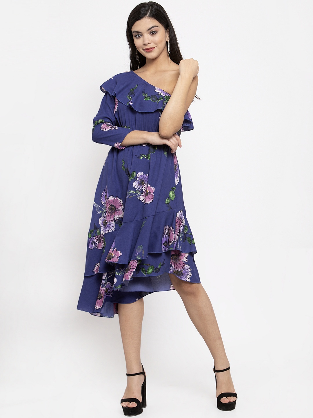 

KASSUALLY Women Blue & Pink Printed One-Shoulder Asymmetric Fit and Flare Dress