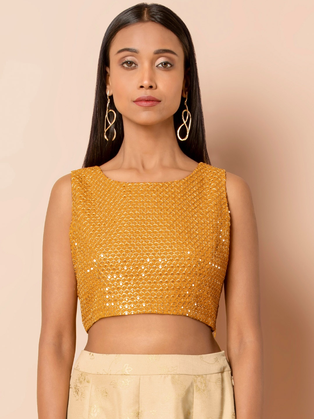 

INDYA Women Mustard Yellow Embellished Fitted Crop Top