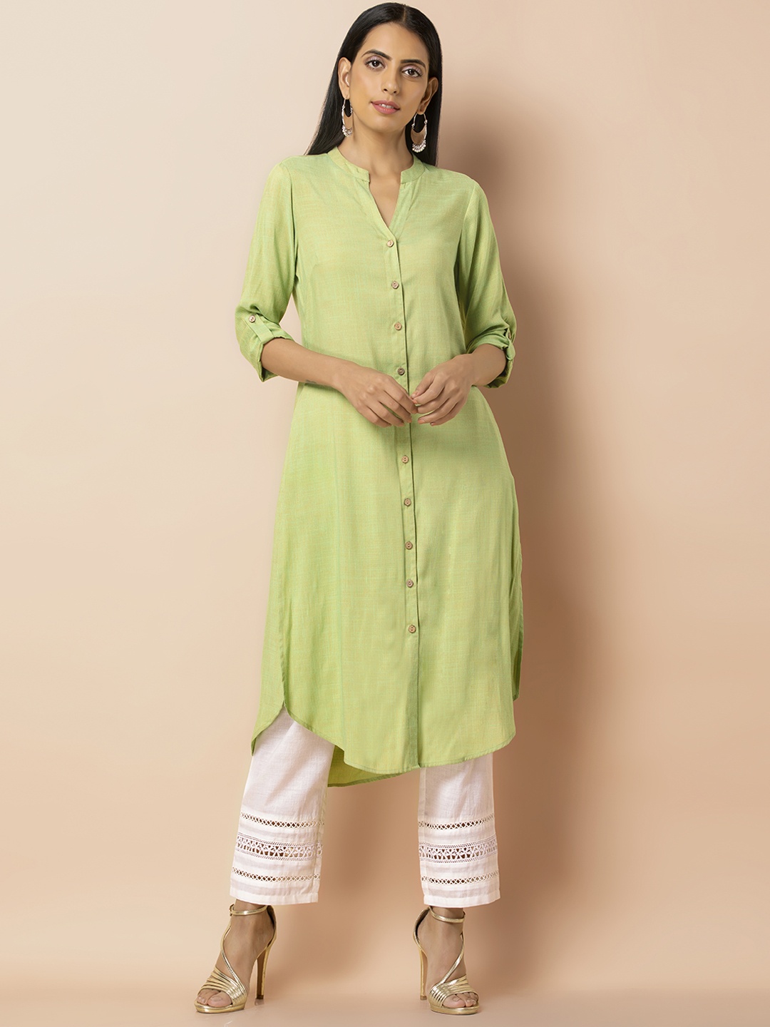 

INDYA Women Green Solid Straight Kurta