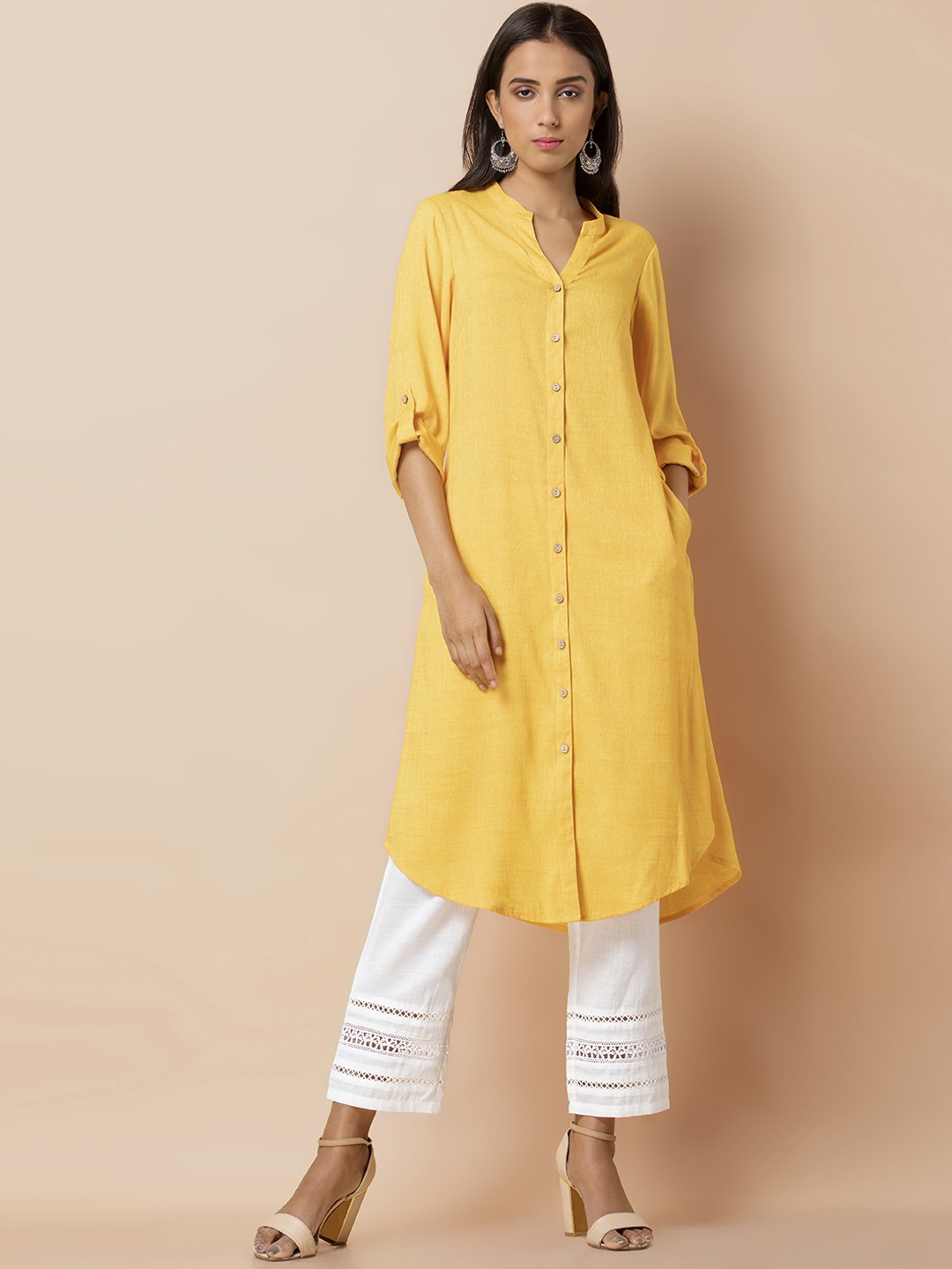 

INDYA Yellow Viscose Solid Shirt Kurta