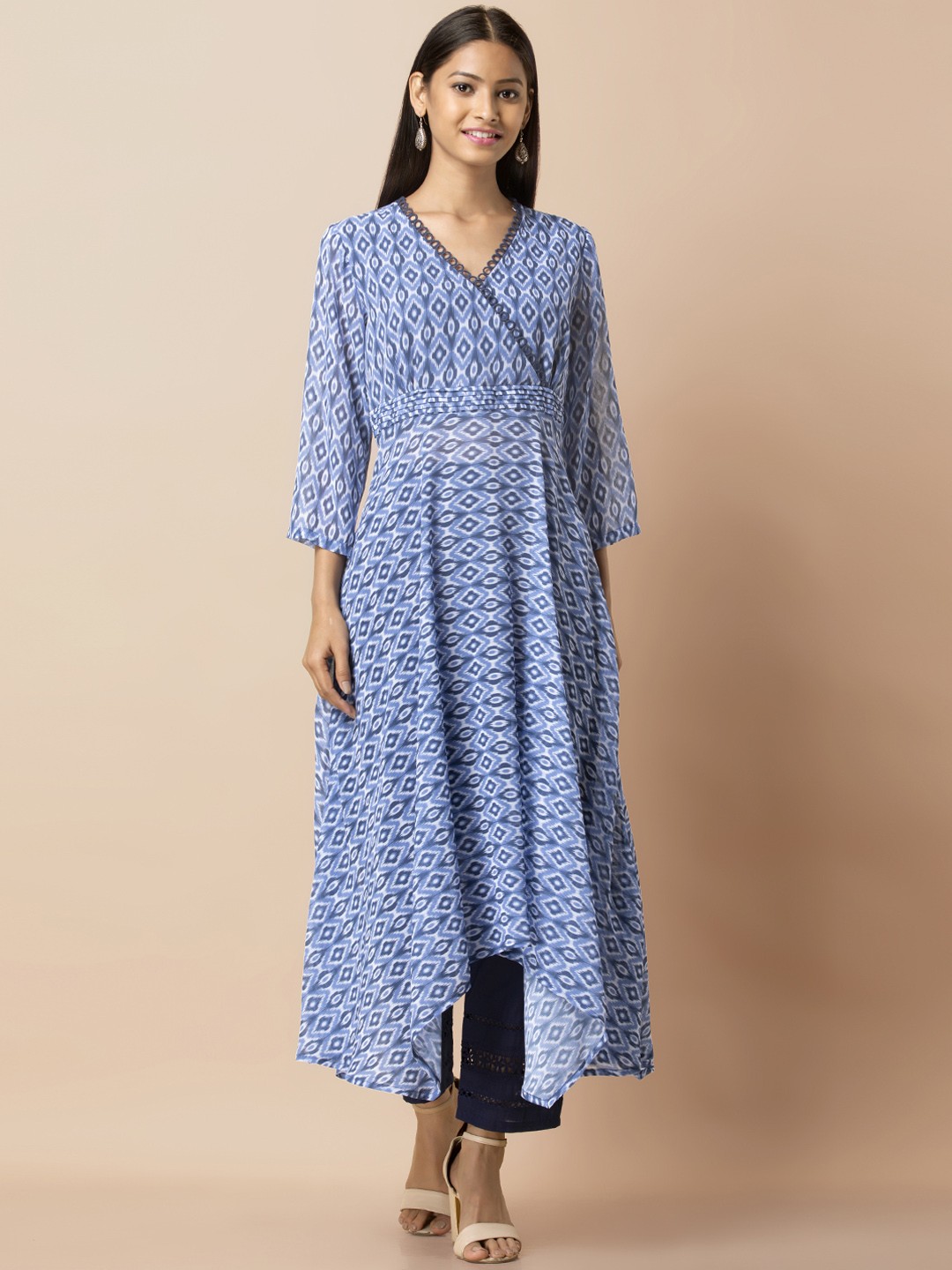 

INDYA Blue Ikat Pleated High Low Kurta