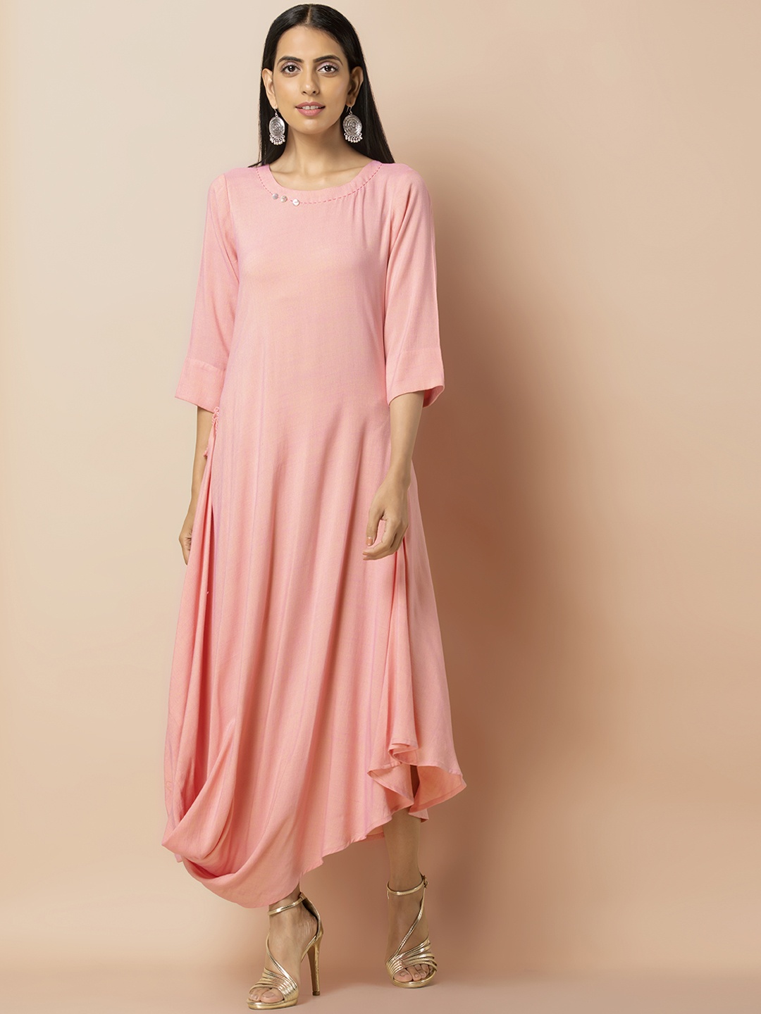 

INDYA Women Peach-Coloured Solid A-Line Dress