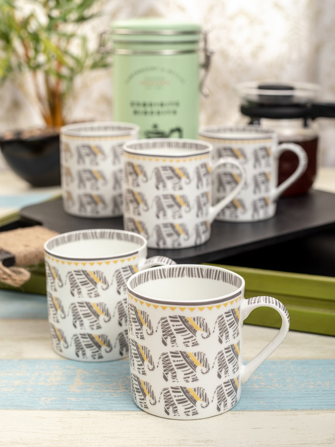 

GOODHOMES Set of 6 White & Grey Elephant Printed Bone China Tea Cups/Coffee Mugs