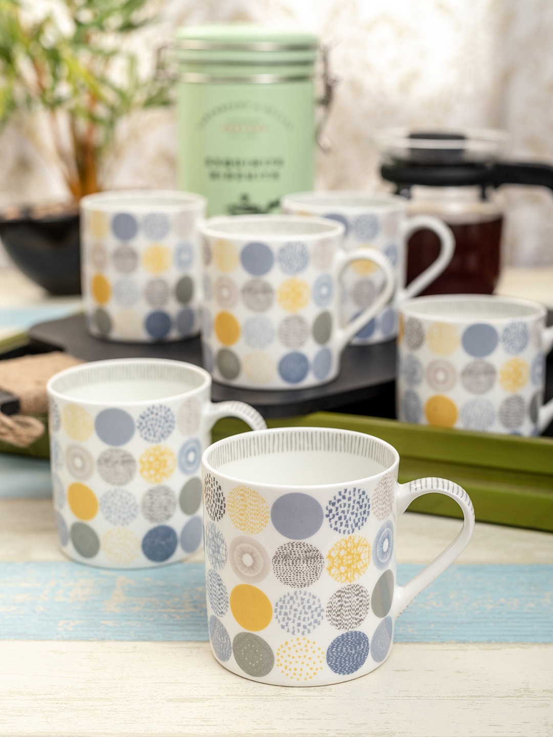 

GOODHOMES Set Of 6 White & Grey Polka Dot Printed Bone China Coffee Mugs