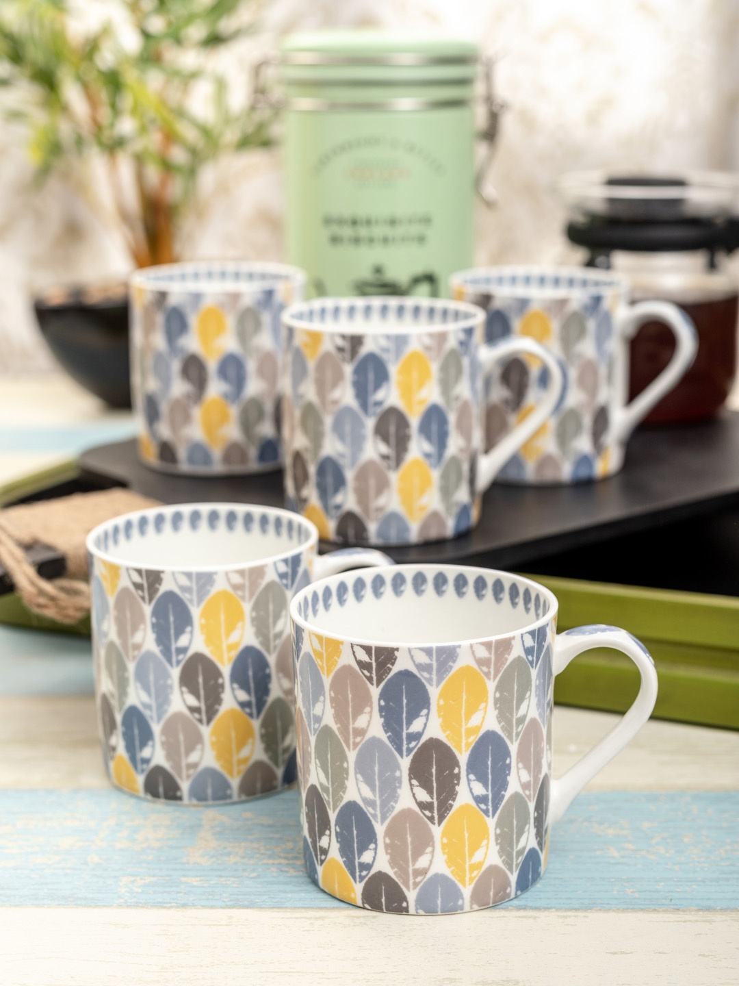 

GOODHOMES White & Blue 6-Pieces Printed Bone China Mugs Set